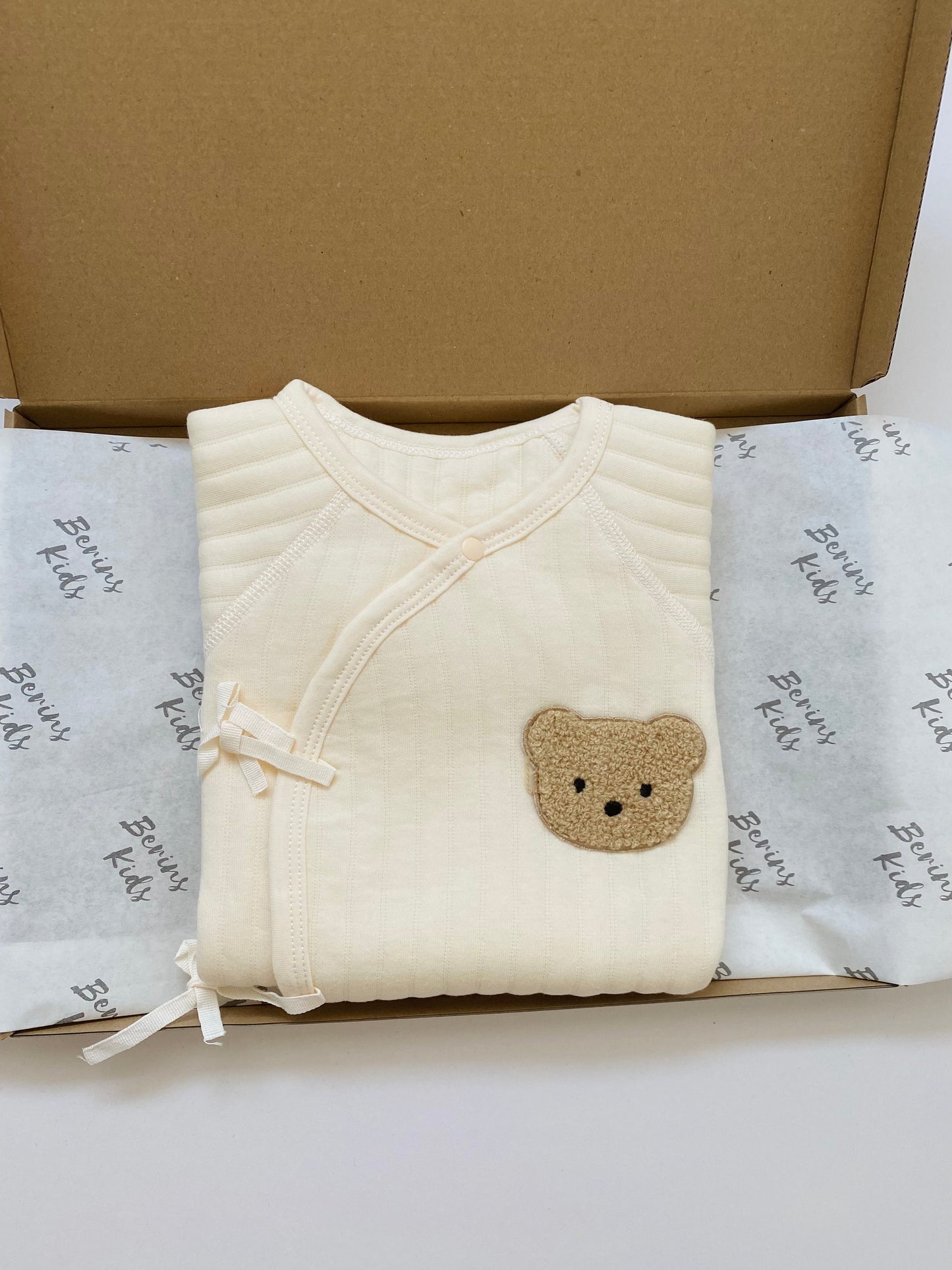 Newborn Bear Gift Set of 3| Personalised Cream Cotton Romper, Brown Bear Socks, Wooden Name Announcement Disc