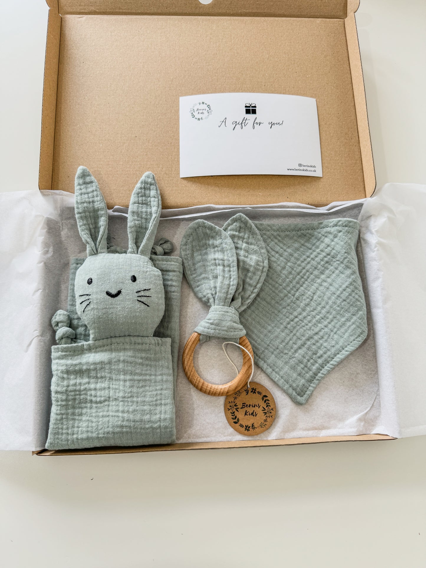 3-Pieces Set | Muslin SAGE Bunny Comforter, Bib and Bunny Ear Teething Ring