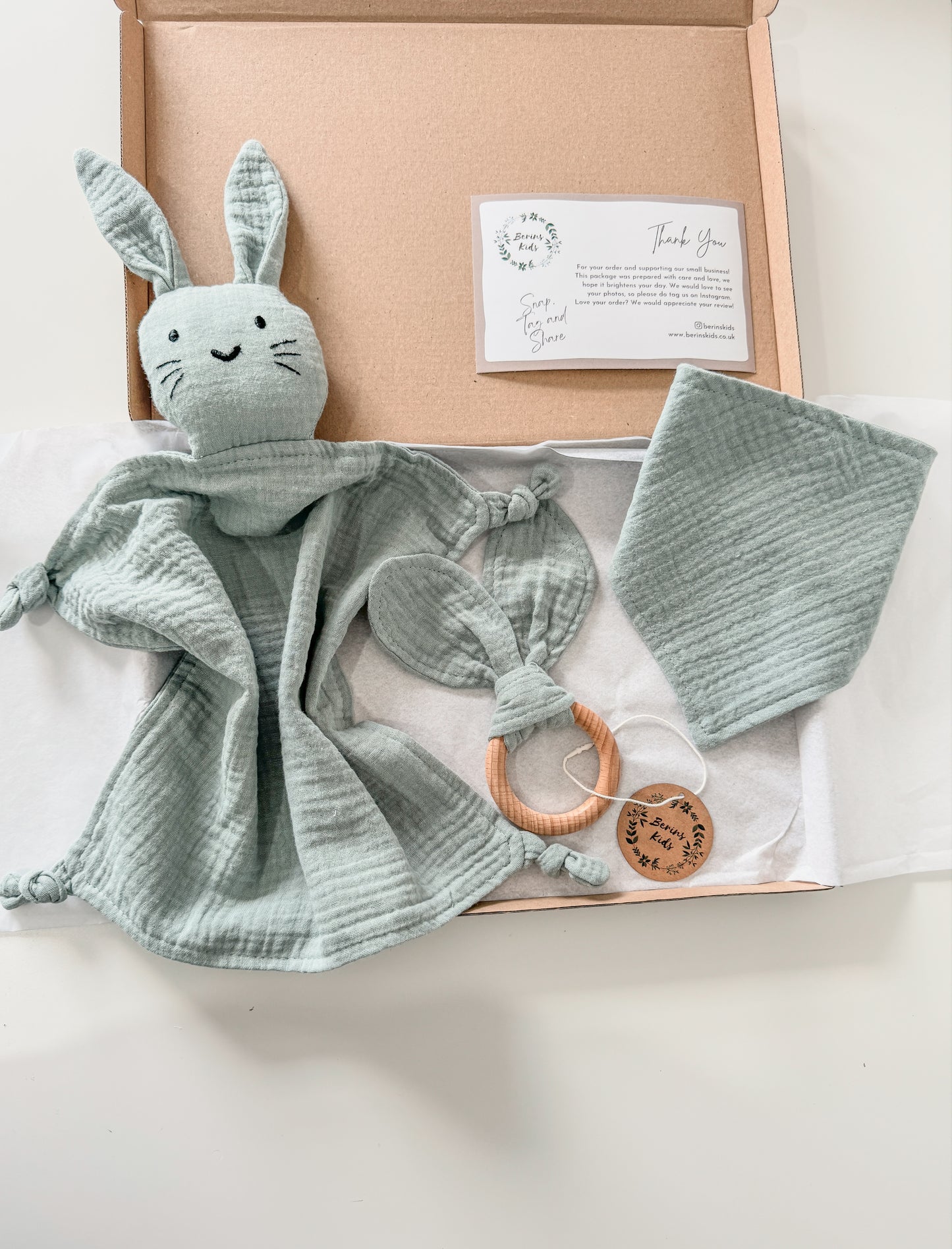 3-Pieces Set | Muslin SAGE Bunny Comforter, Bib and Bunny Ear Teething Ring