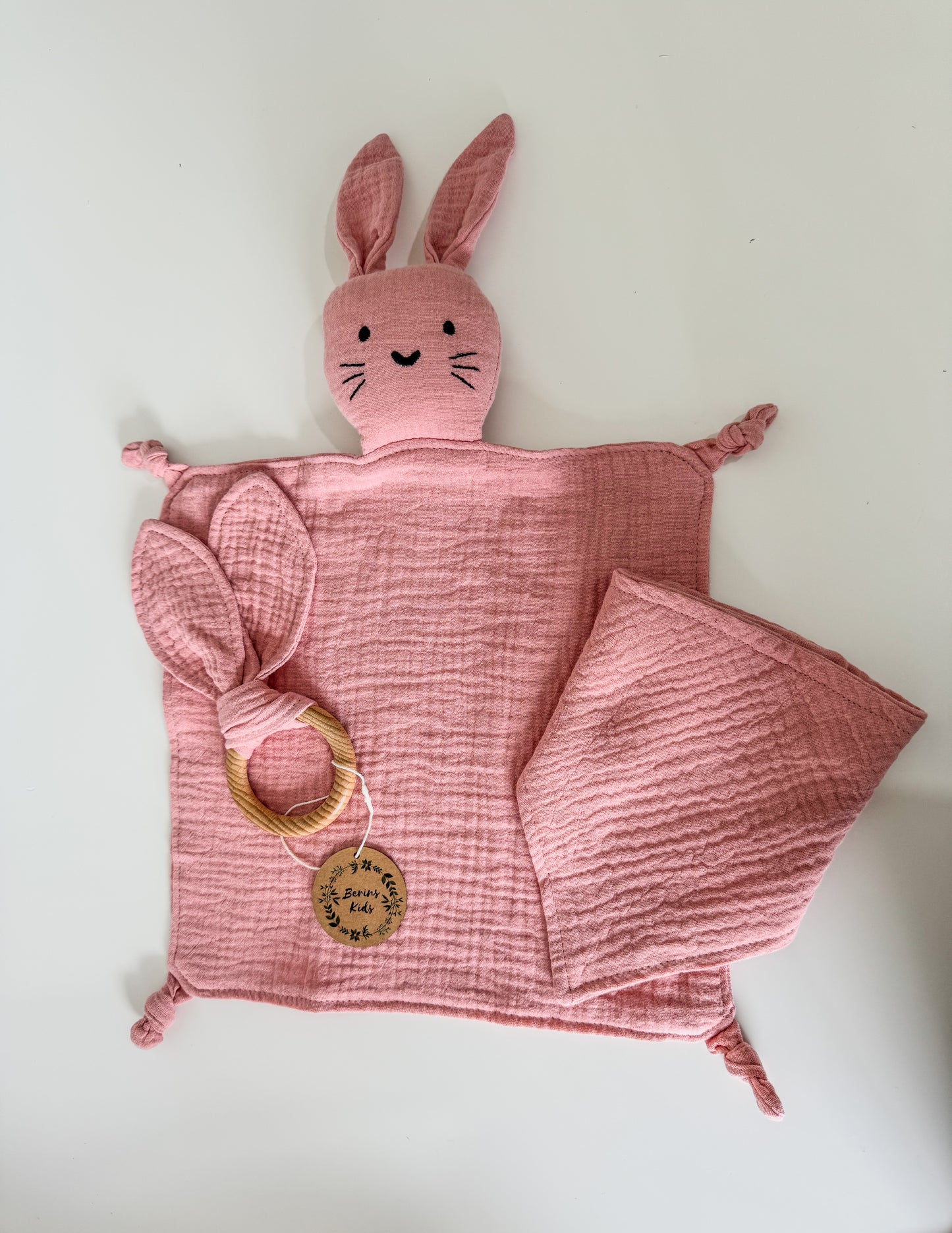 3-Pieces Set | Muslin PINK Bunny Comforter, Bib and Bunny Ear Teething Ring