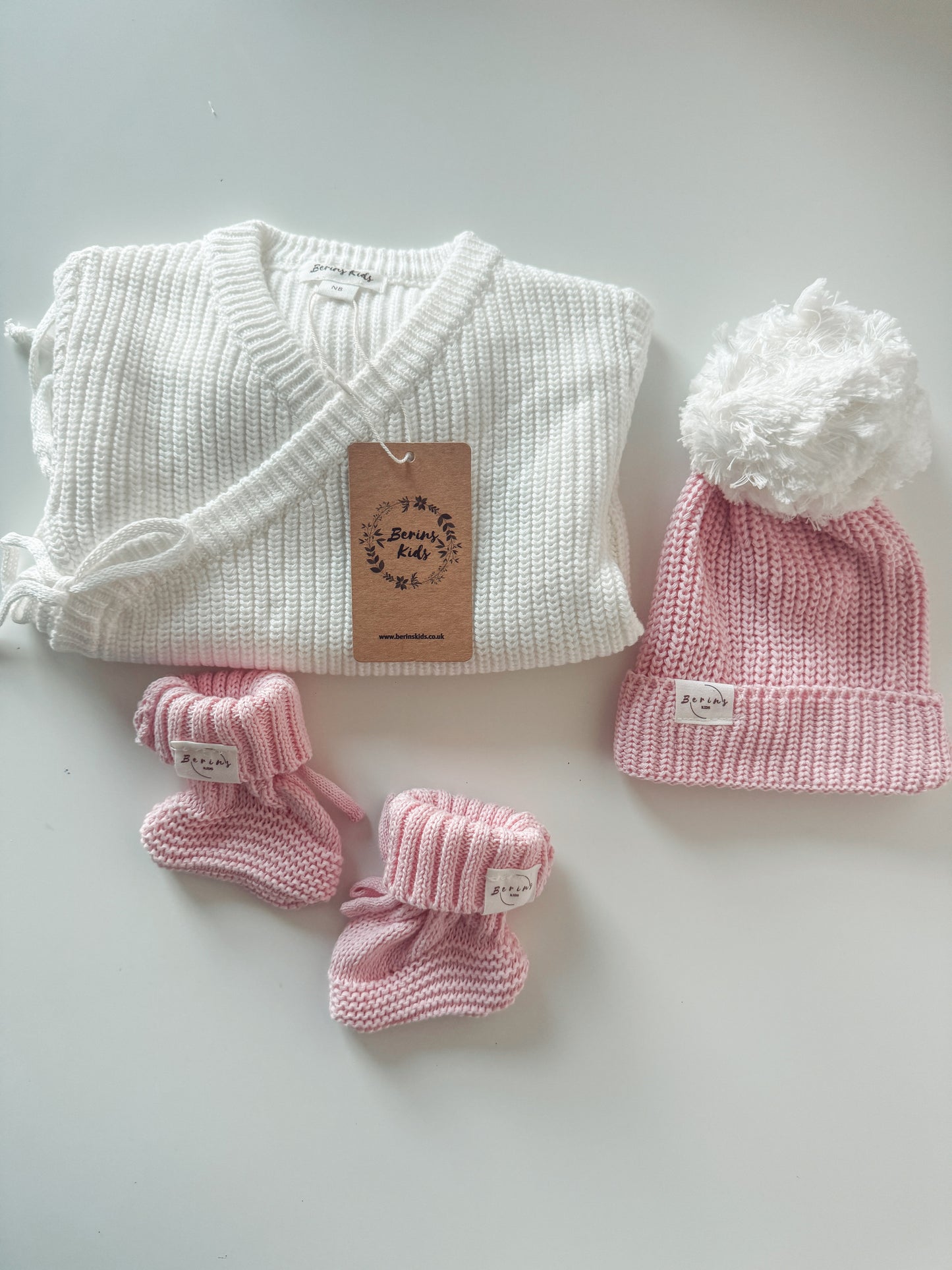 Pink Baby Gift Hamper 100%Cotton Luxury Knit Set of 3 | Personalised Romper, Pom Pom Hat, Booties
