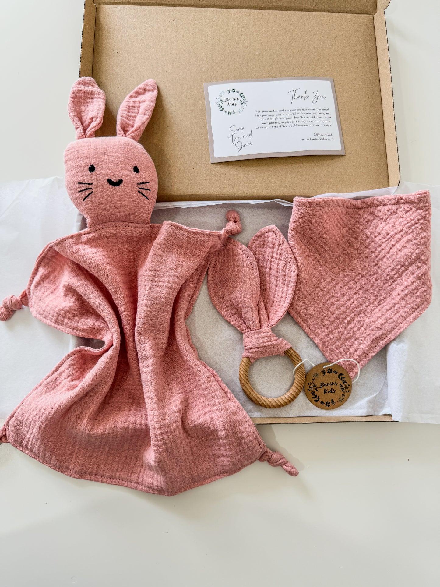 3-Pieces Set | Muslin PINK Bunny Comforter, Bib and Bunny Ear Teething Ring