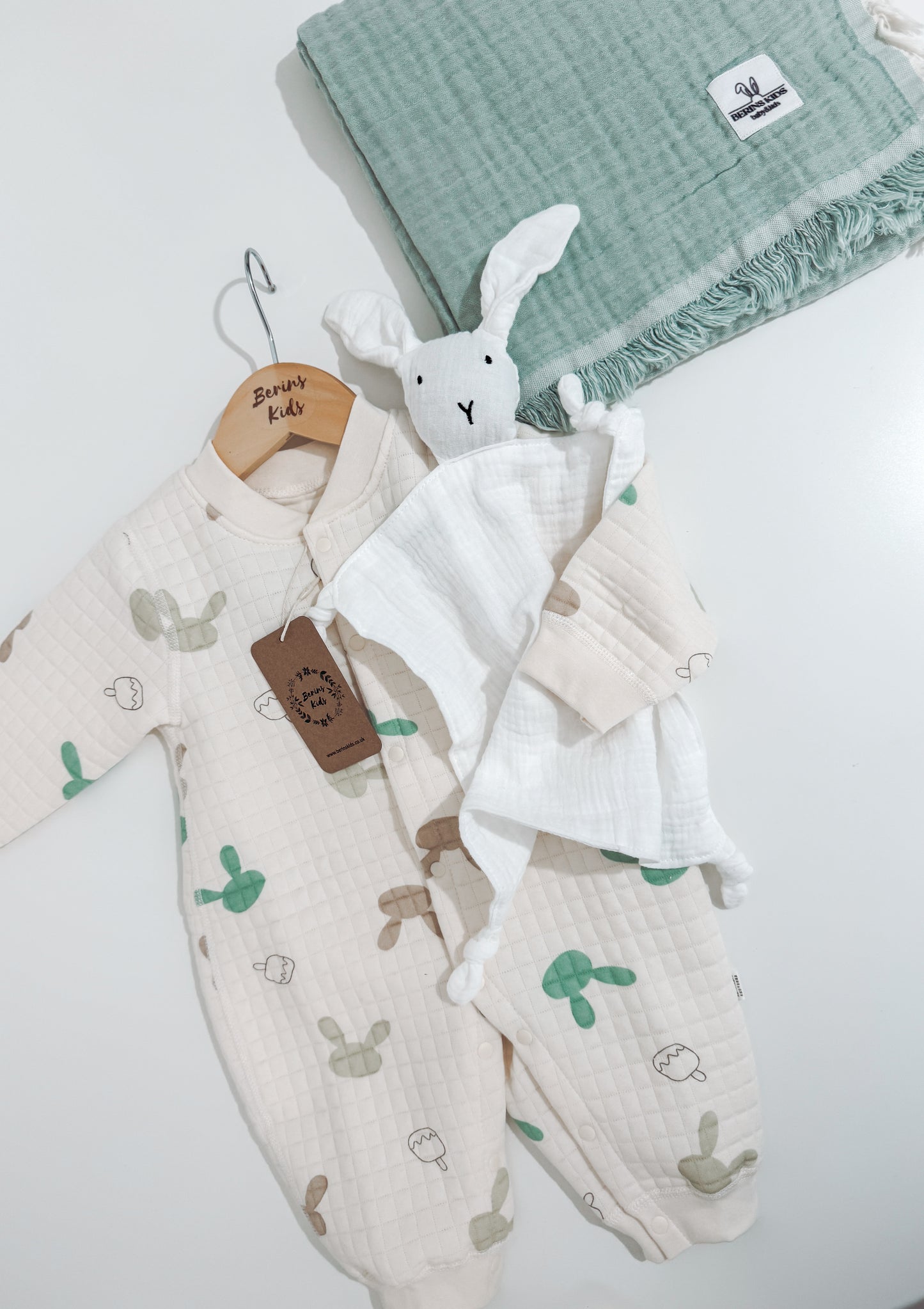 Baby Easter Gift Set of 3| Bunny Cotton Romper, Personalised Sage Gauze Blanket, Bunny Muslin Comforter