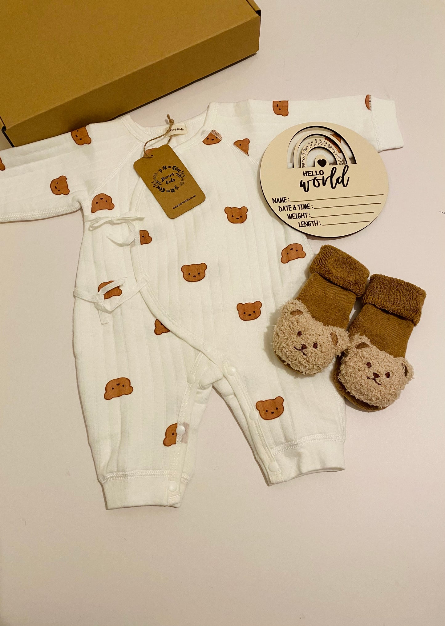 Newborn Bear Gift Set of 3| Multi Bear Cotton Romper, Caramel Bear Socks, Wooden Rainbow Name Announcement Disc