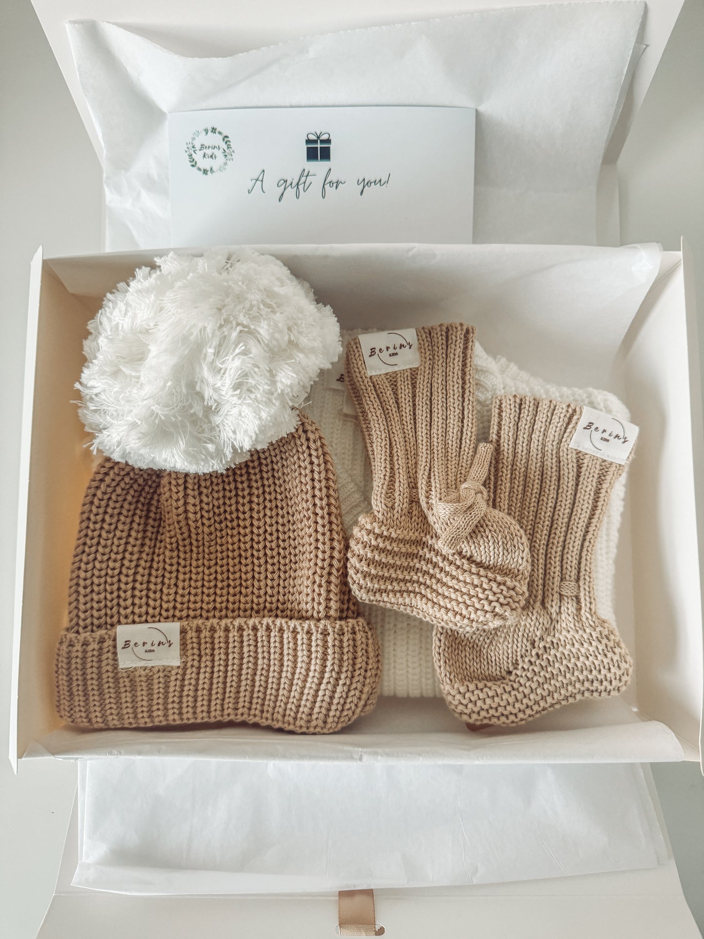 Khaki Unisex Baby Gift Hamper 100%Cotton Knit Set of 3 | Personalised Romper, Pom Pom Hat, Booties | Luxury Newborn Gift Set