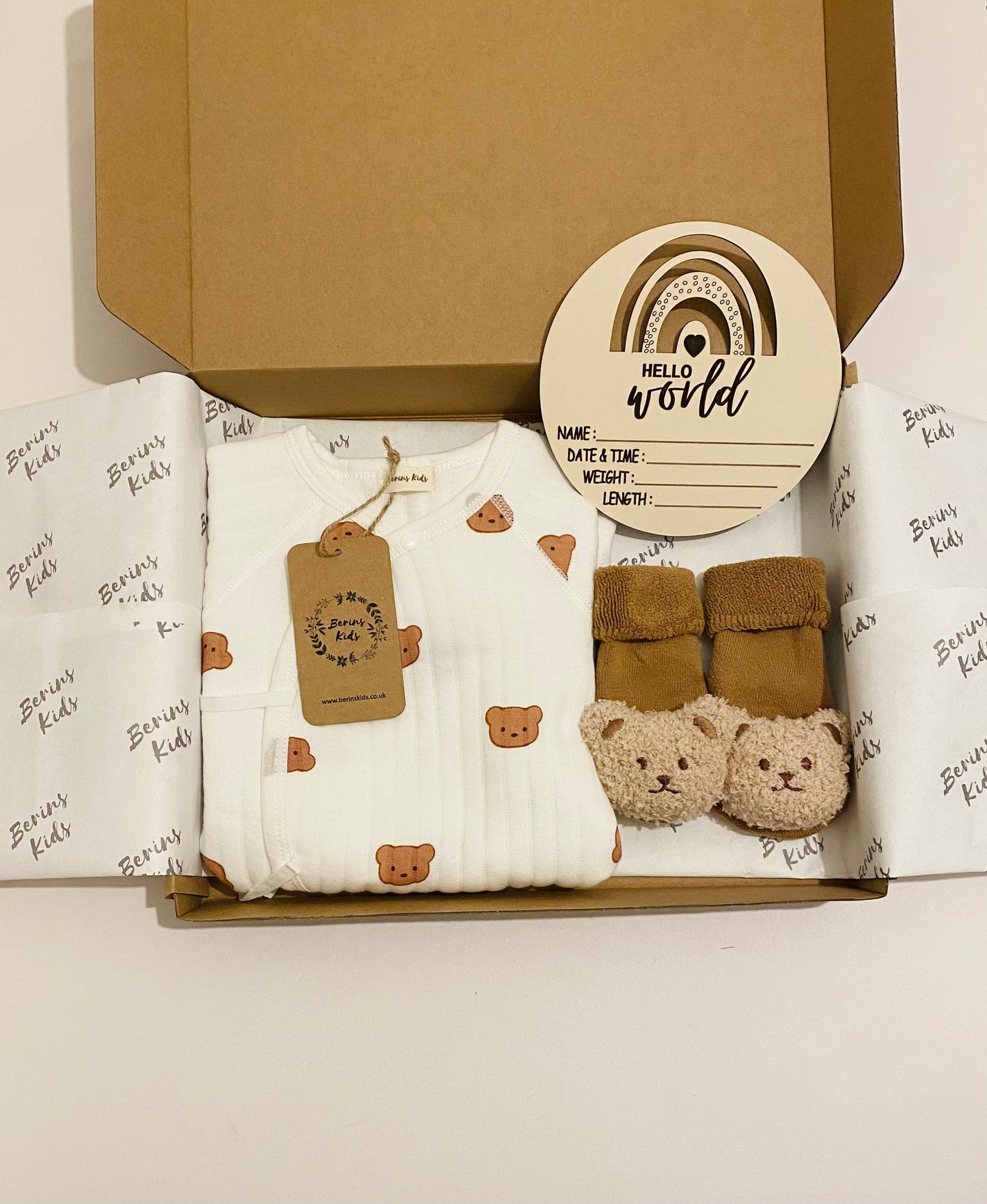 Newborn Bear Gift Set of 3| Multi Bear Cotton Romper, Caramel Bear Socks, Wooden Rainbow Name Announcement Disc