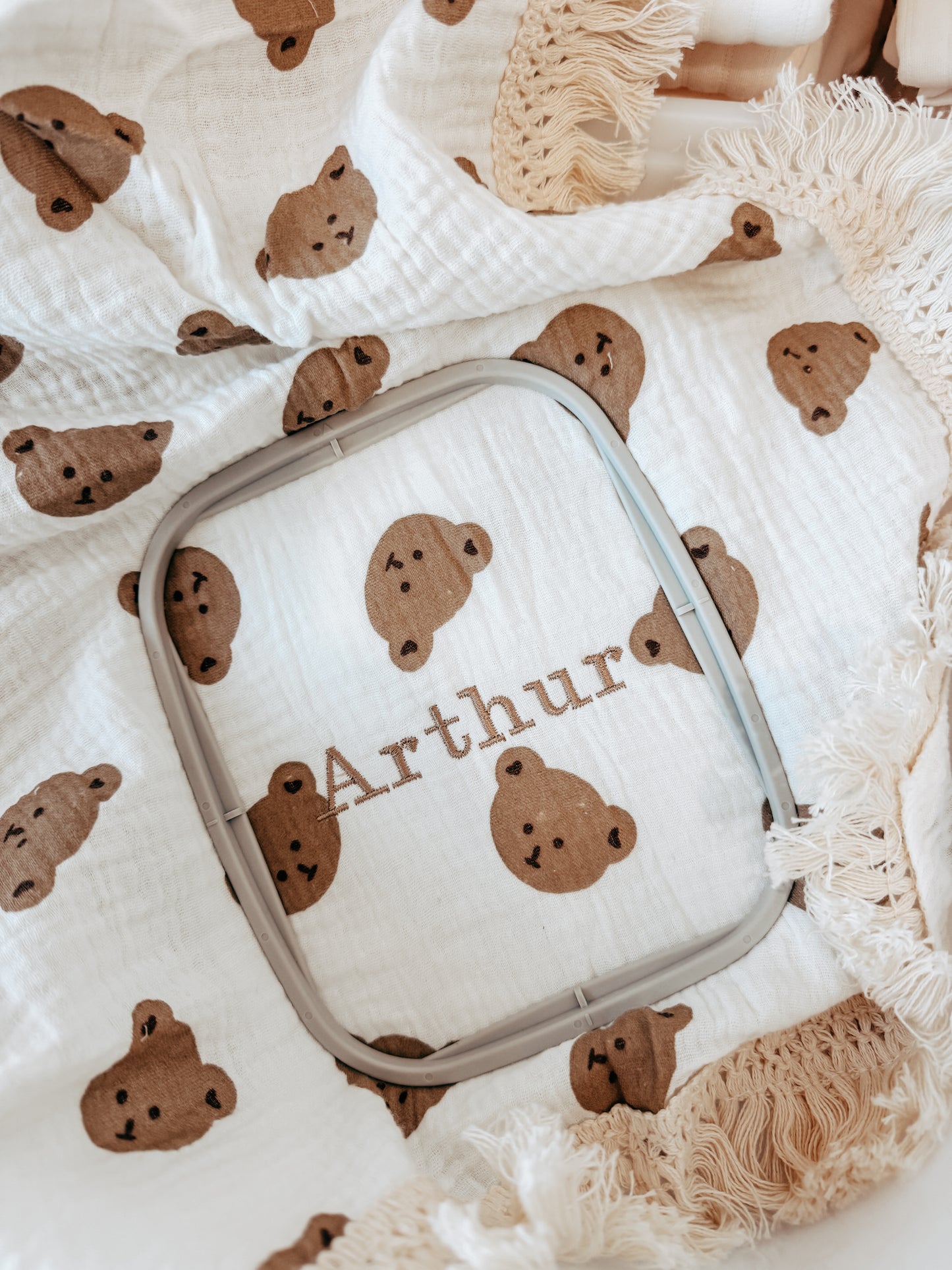 Personalised Happy Bear Muslin Tassels SMALL Blanket | Personal Swaddle/ Receiving Blanket 100% Cotton (80x65cm)