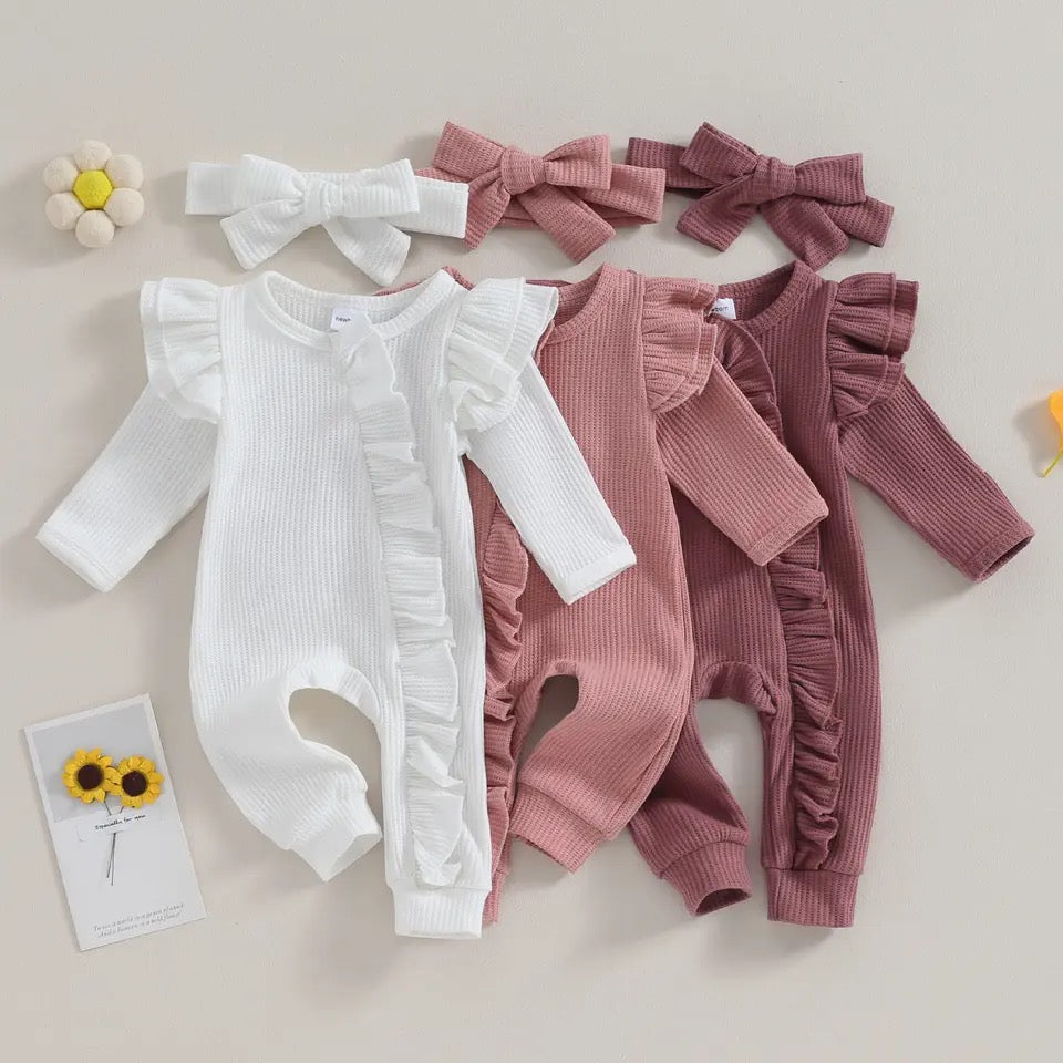 2Pcs Baby Girls Outfit, Zipper Romper + Bow Hairband Set