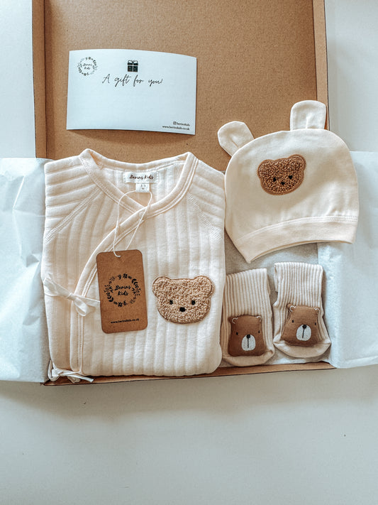 Newborn Bear Gift Set of 3|Cream Cotton Romper, Personalised Cream Bear Hat, Beige Bear Socks