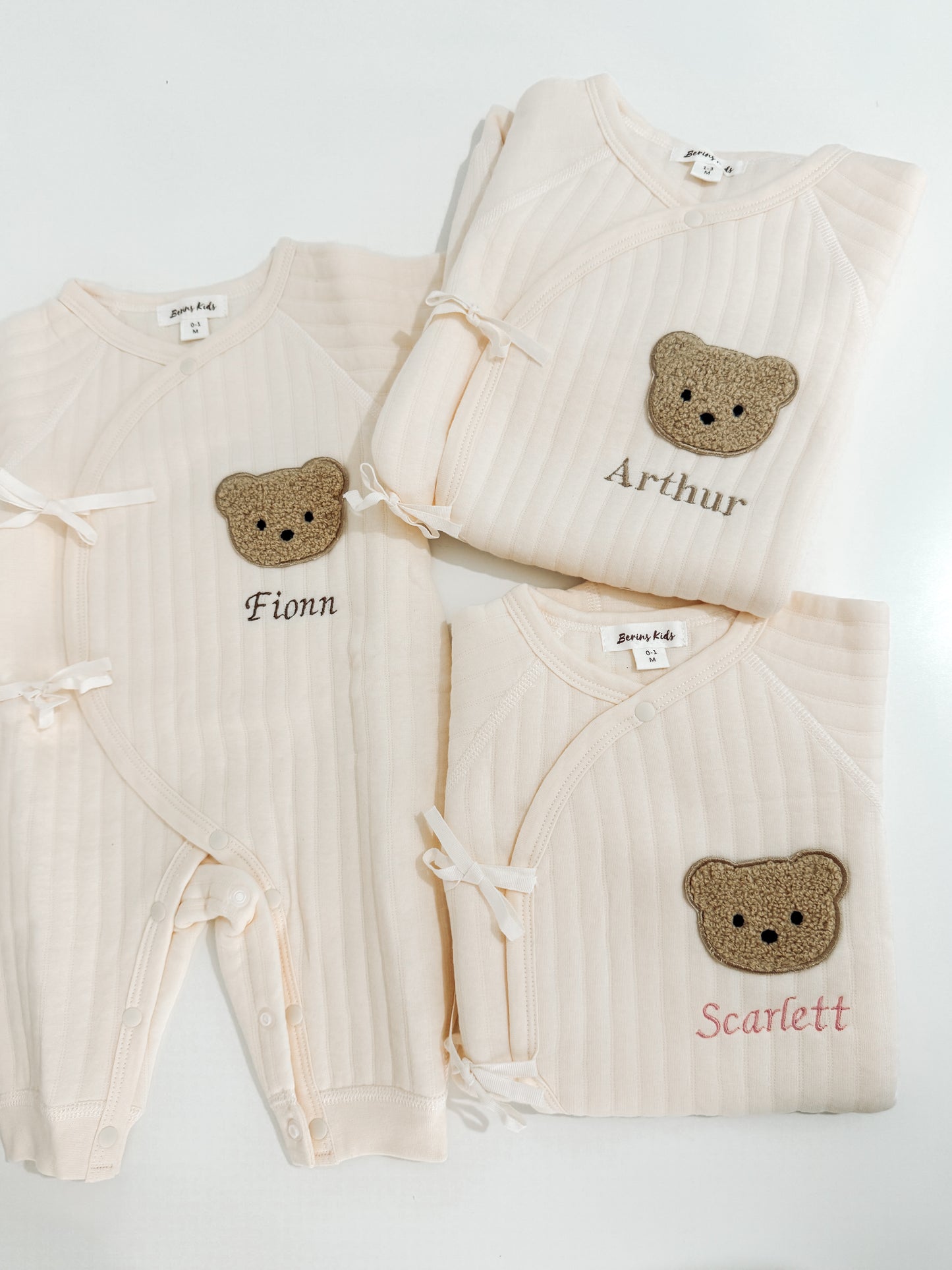 Newborn Bear Gift Set of 3|Cream Cotton Romper, Personalised Cream Bear Hat, Beige Bear Socks