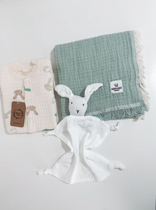 Baby Easter Gift Set of 3| Bunny Cotton Romper, Personalised Sage Gauze Blanket, Bunny Muslin Comforter