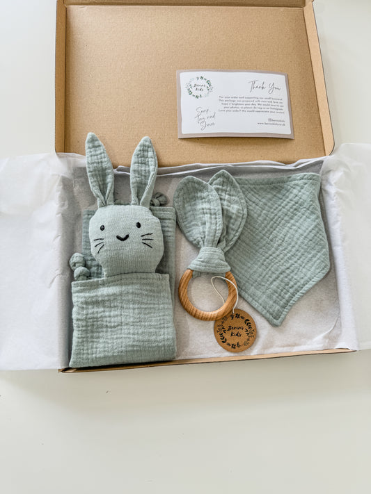 3-Pieces Set | Muslin SAGE Bunny Comforter, Bib and Bunny Ear Teething Ring