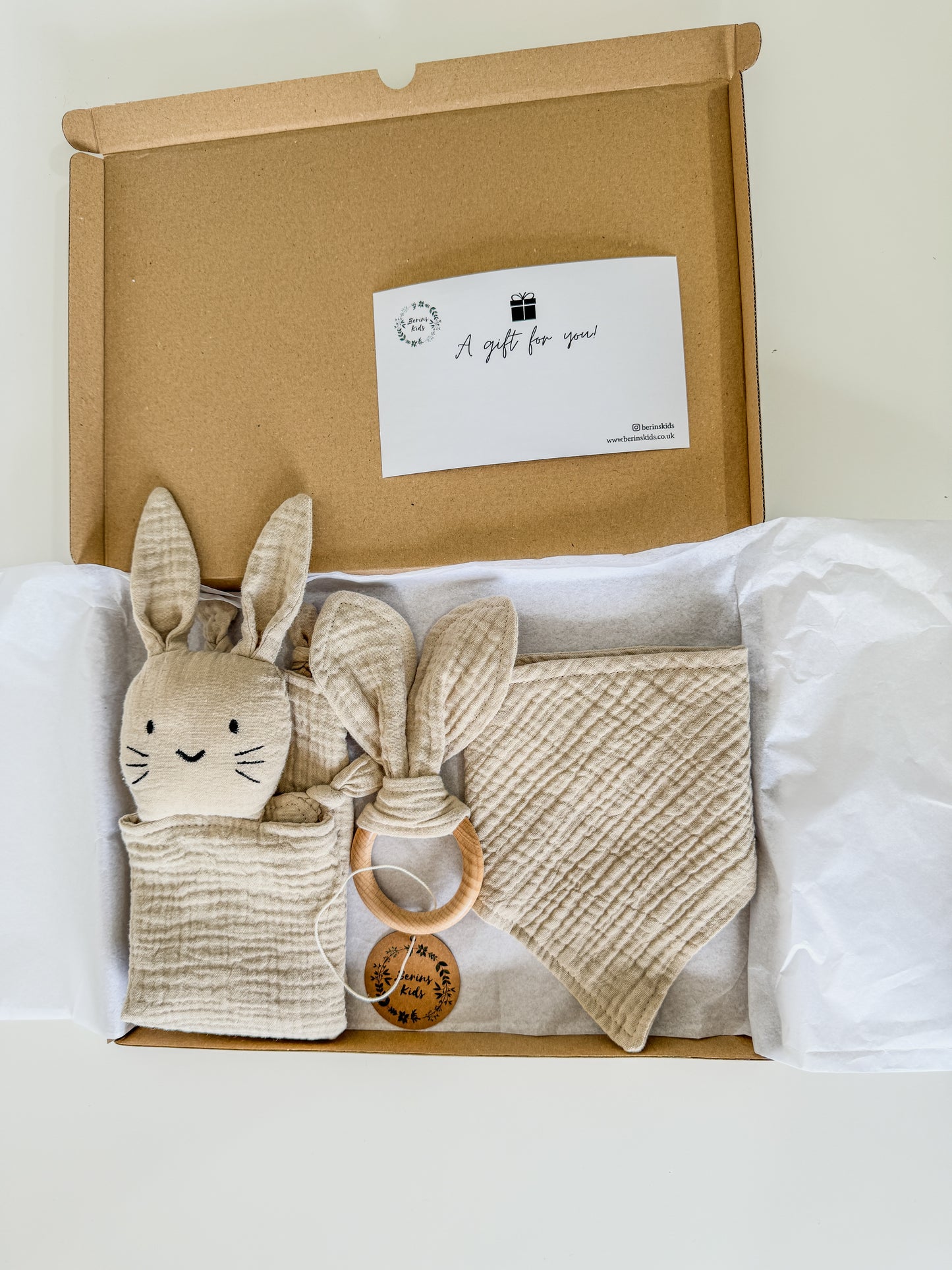 3-Pieces Set | Muslin BEIGE Bunny Comforter, Bib and Bunny Ear Teething Ring