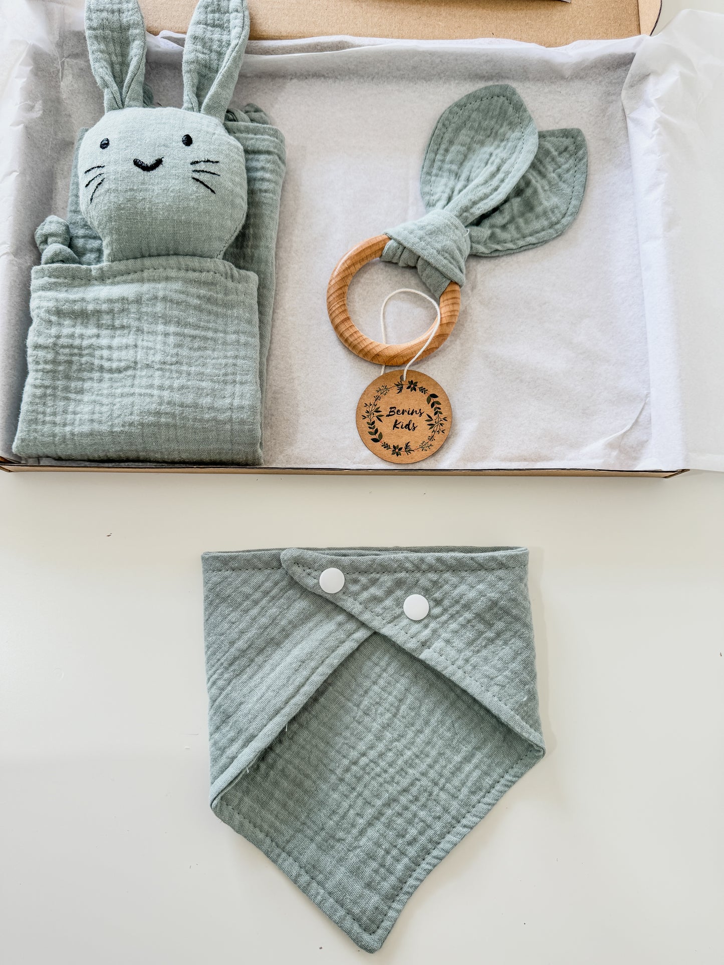 3-Pieces Set | Muslin SAGE Bunny Comforter, Bib and Bunny Ear Teething Ring