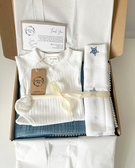 Newborn Gift Set of 3| Angel Wing White Cotton Romper, Indigo Muslin Blanket, Muslin Square