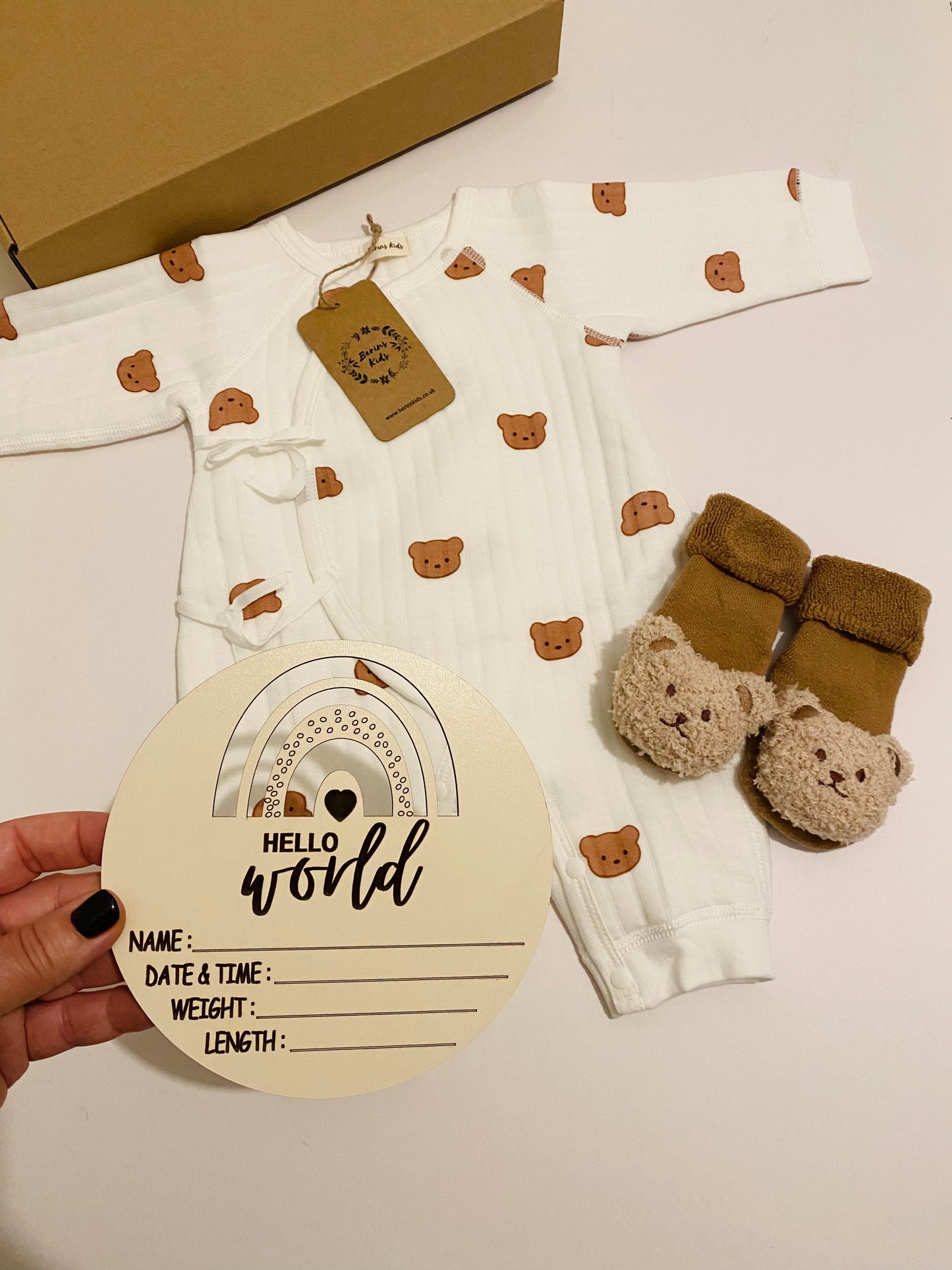 Newborn Bear Gift Set of 3| Multi Bear Cotton Romper, Caramel Bear Socks, Wooden Rainbow Name Announcement Disc