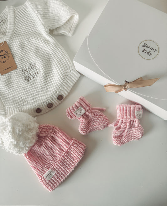 Pink Baby Gift Hamper 100%Cotton Luxury Knit Set of 3 | Personalised Romper, Pom Pom Hat, Booties