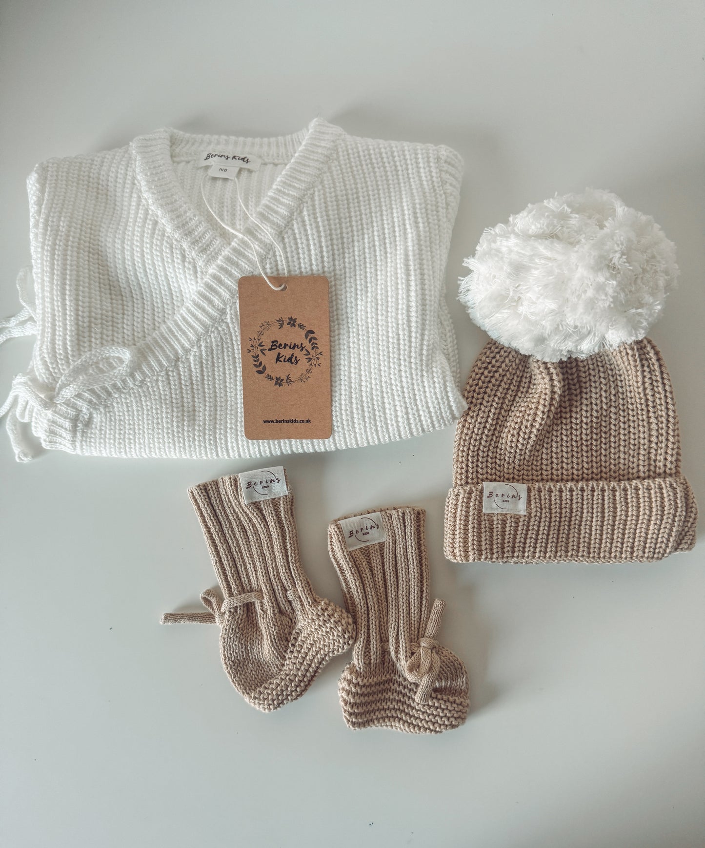 Khaki Unisex Baby Gift Hamper 100%Cotton Knit Set of 3 | Personalised Romper, Pom Pom Hat, Booties | Luxury Newborn Gift Set