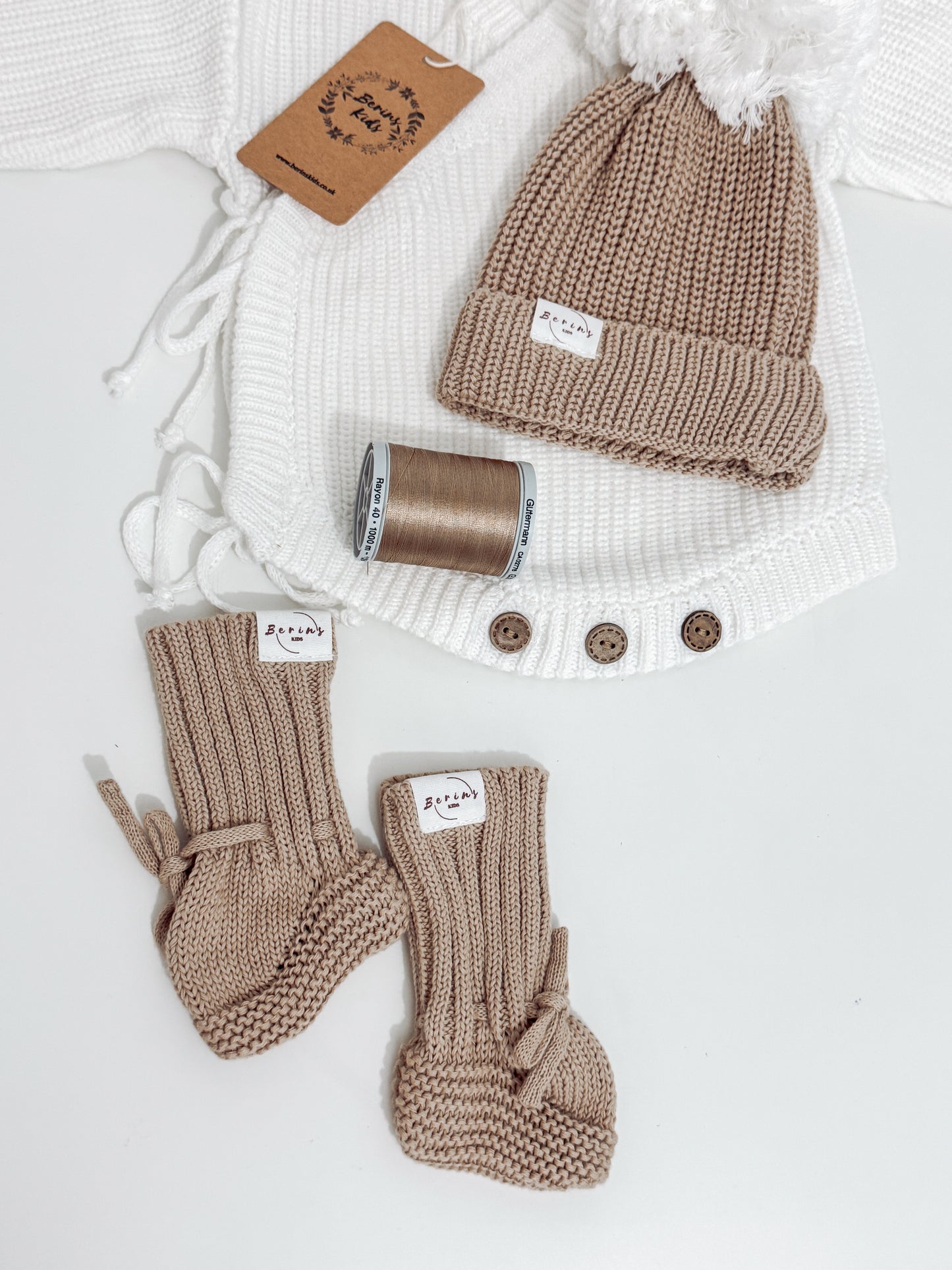 Khaki Unisex Baby Gift Hamper 100%Cotton Knit Set of 3 | Personalised Romper, Pom Pom Hat, Booties | Luxury Newborn Gift Set