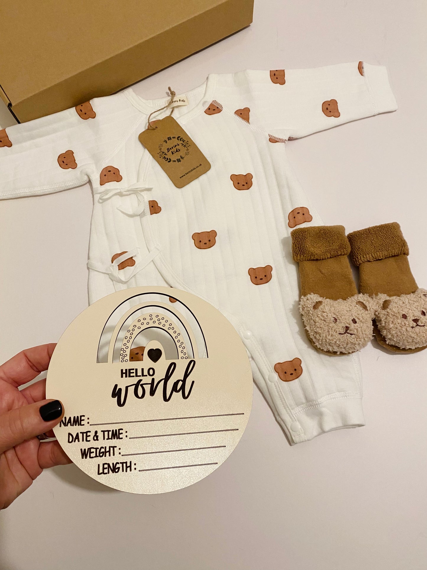 Newborn Bear Gift Set of 3| Multi Bear Cotton Romper, Caramel Bear Socks, Wooden Rainbow Name Announcement Disc