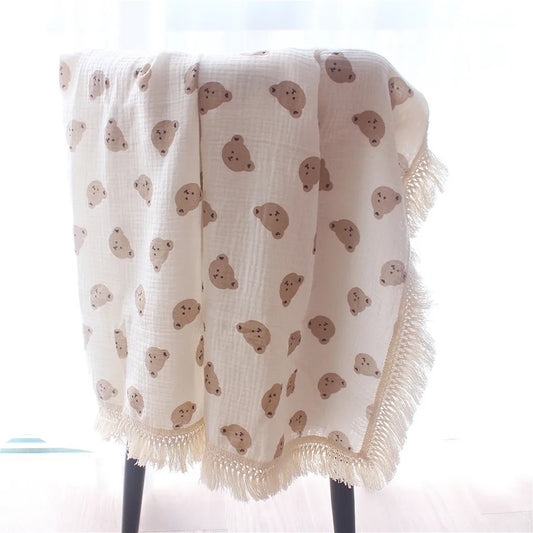 Personalised Happy Bear Muslin Tassels Blanket | Personalised Swaddle/ Receiving Blanket 100% Cotton (120x100cm)