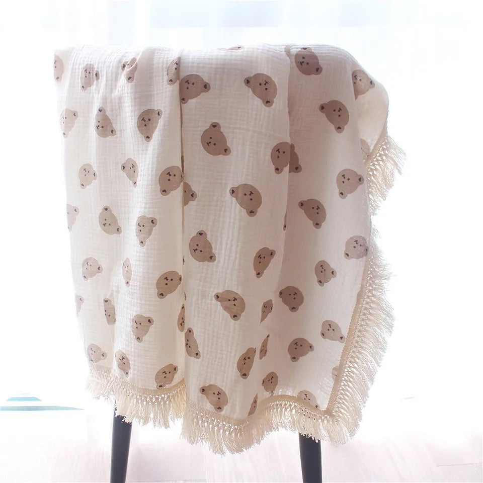 Personalised Happy Bear Muslin Tassels SMALL Blanket | Personal Swaddle/ Receiving Blanket 100% Cotton (80x65cm)