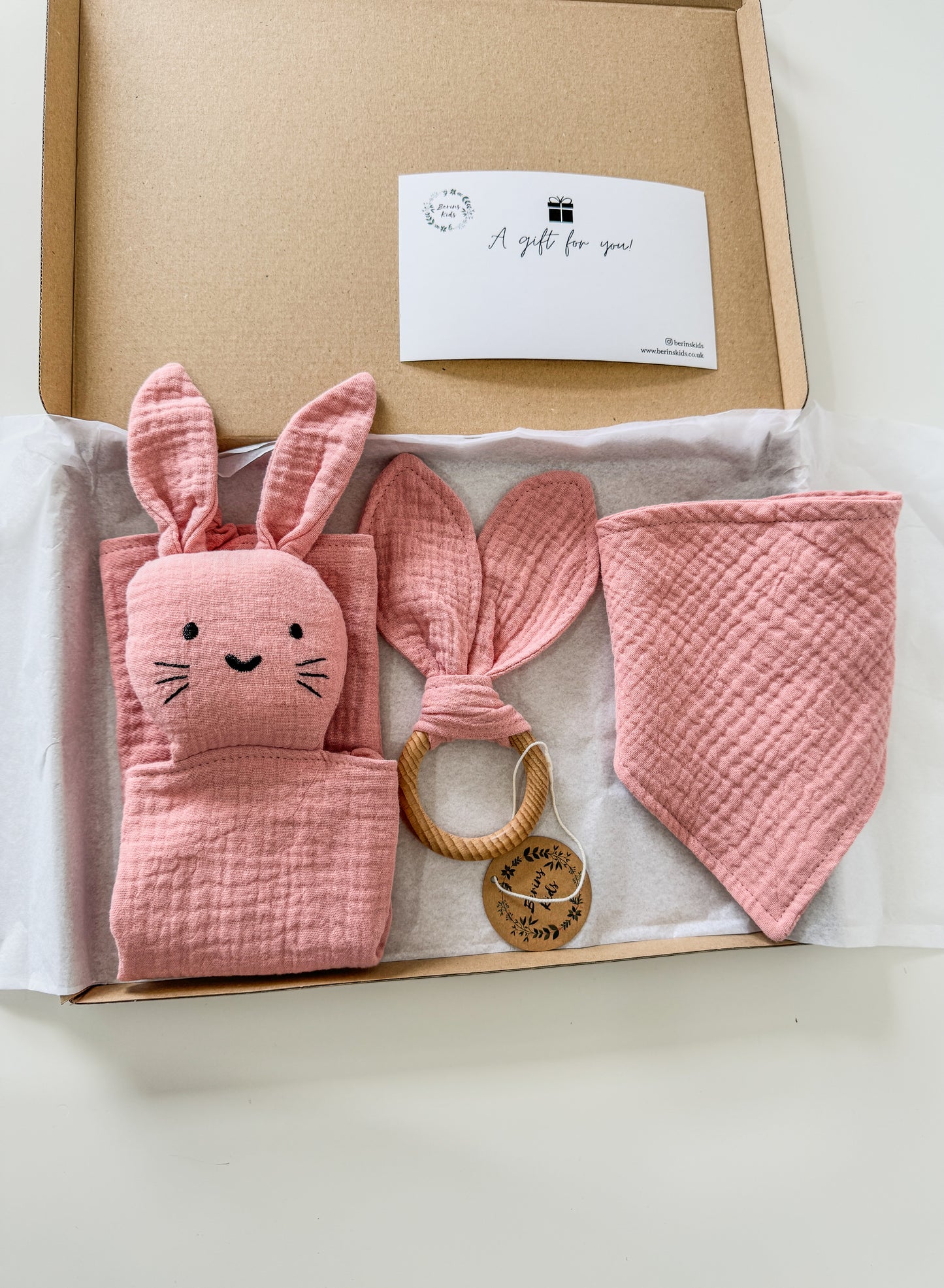 3-Pieces Set | Muslin PINK Bunny Comforter, Bib and Bunny Ear Teething Ring