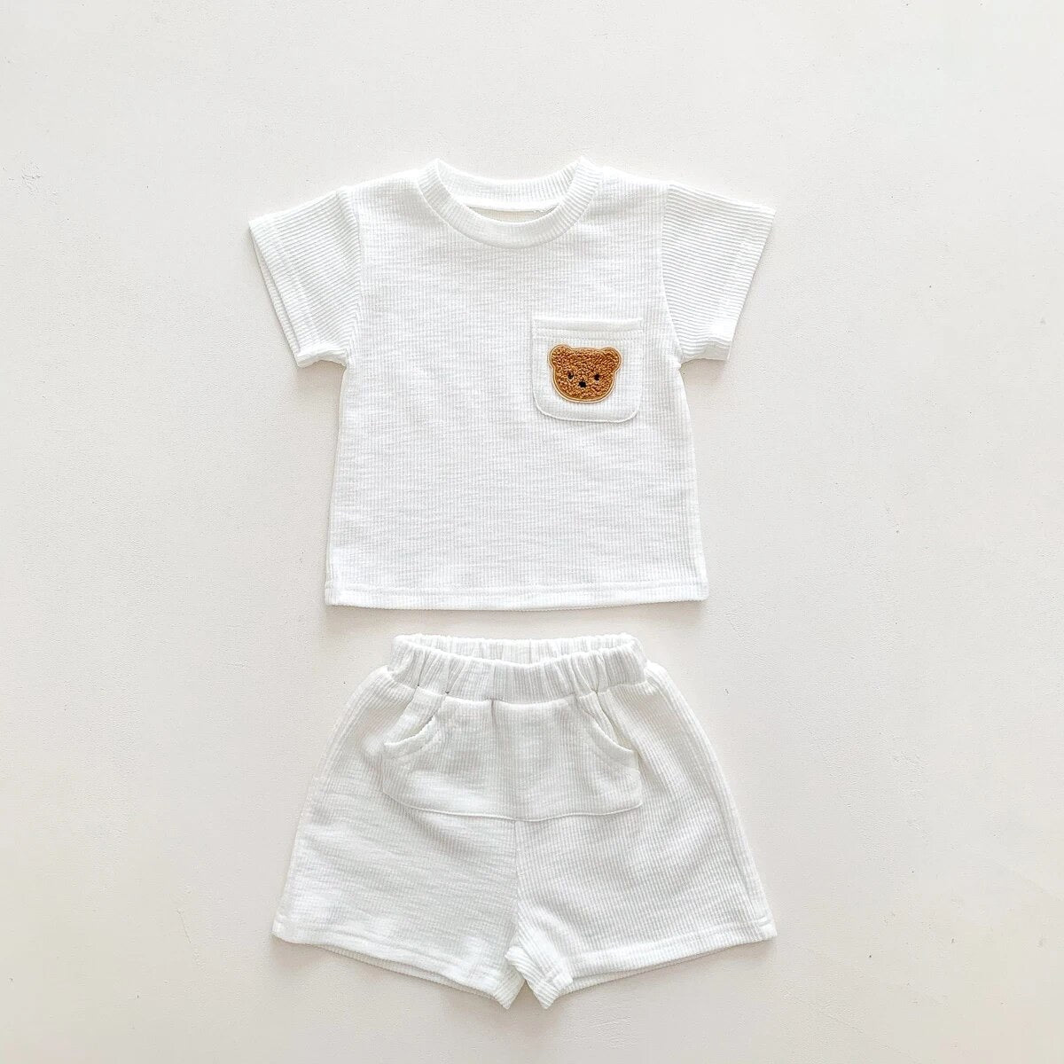 WHITE Bear Embroidered Cotton Short Sleeve+Shorts 2 Piece Suit for Baby Toddler Boys/Girls Summer Outfit