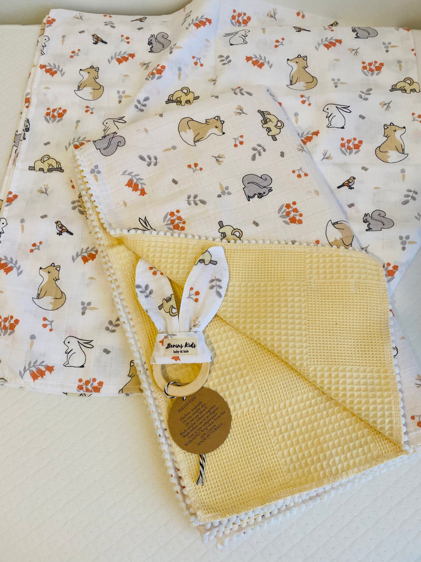 Large Double Sided 100% Cotton Yellow Waffle and Woodland Animal’s Muslin Blanket with Pom Pom Trims 120x100cm