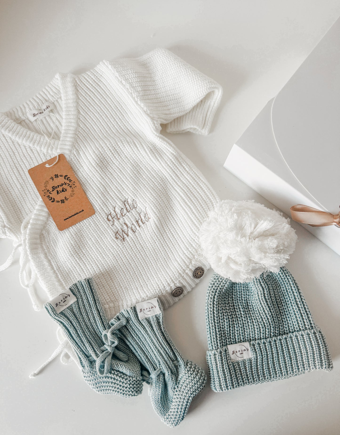 Sage- Unisex Baby 100%Cotton Luxury Knit Set of 3 | Personalised Romper, Pom Pom Hat, Booties