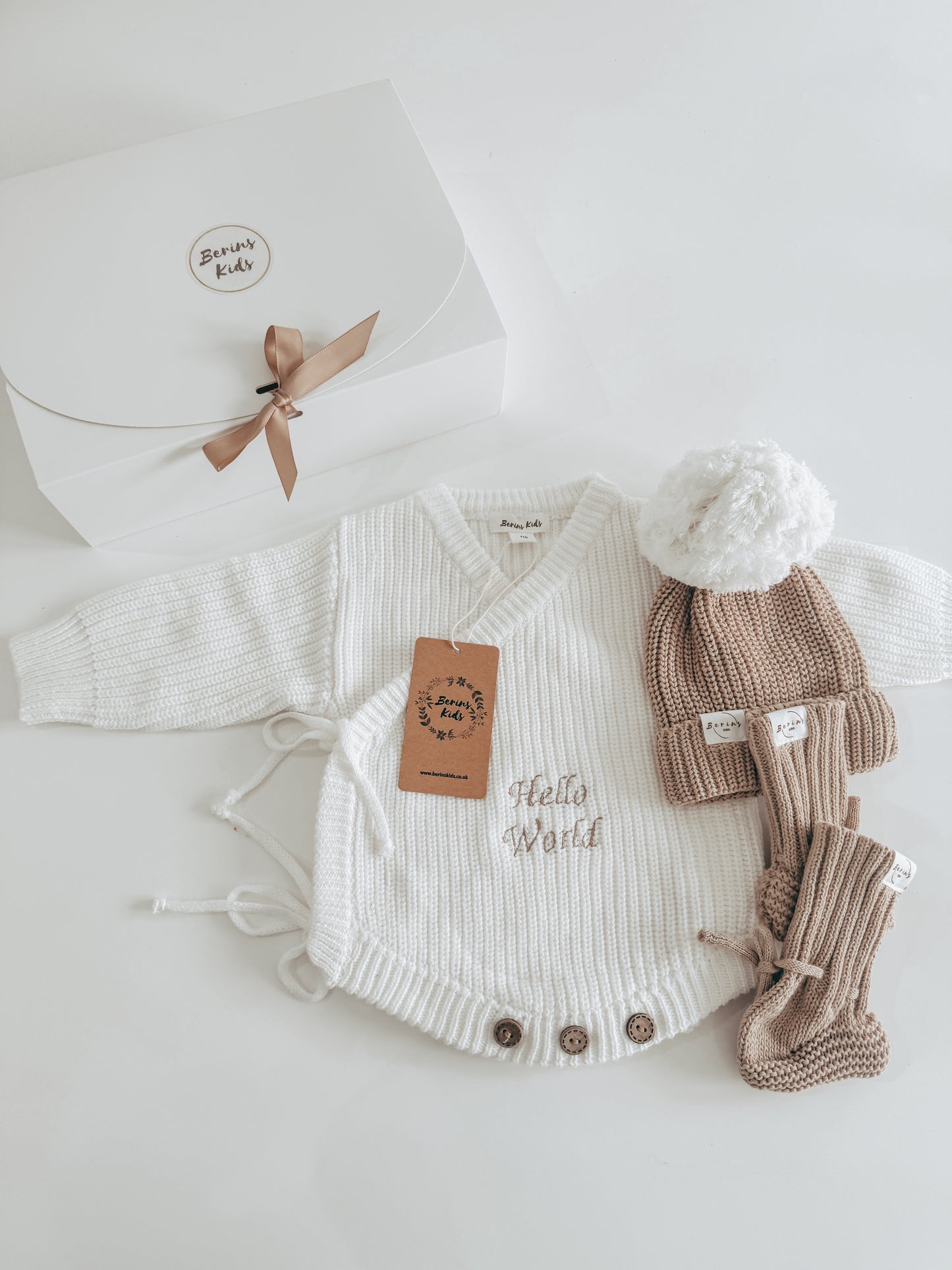 Khaki Unisex Baby Gift Hamper 100%Cotton Knit Set of 3 | Personalised Romper, Pom Pom Hat, Booties | Luxury Newborn Gift Set