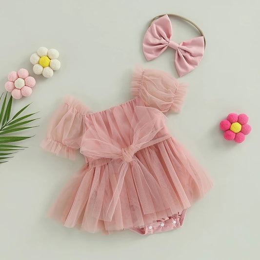 Baby Girl PINK Tutu Romper Dress with PINK Bow Headband