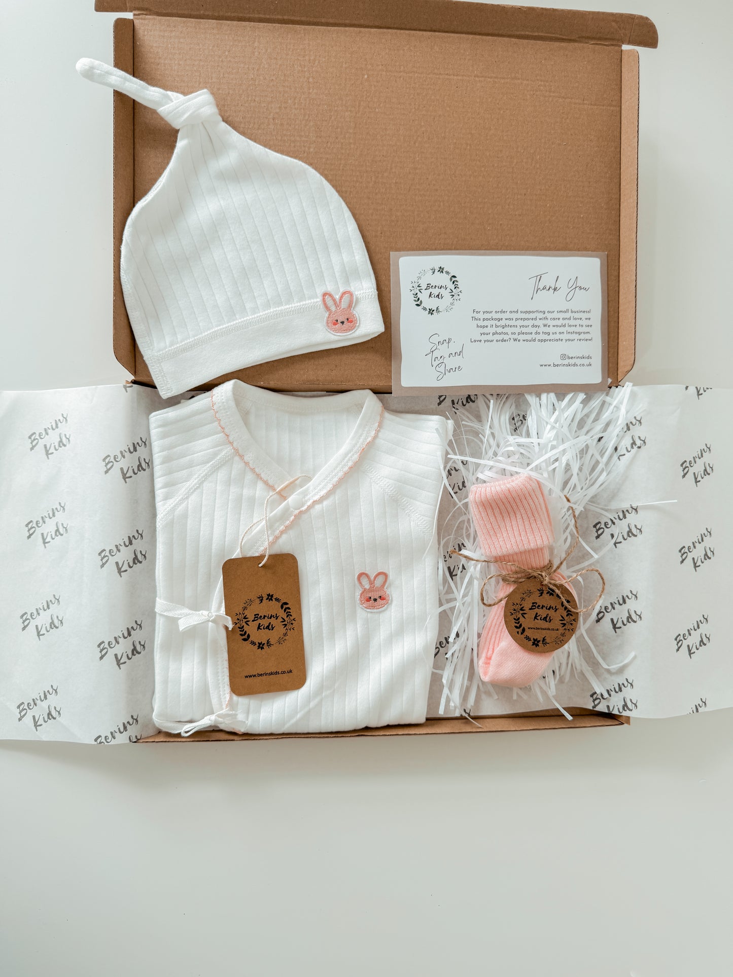 Newborn Bunny Gift Set of 3| Milky White Cotton Romper, White Bunny Beanie, Pink Socks