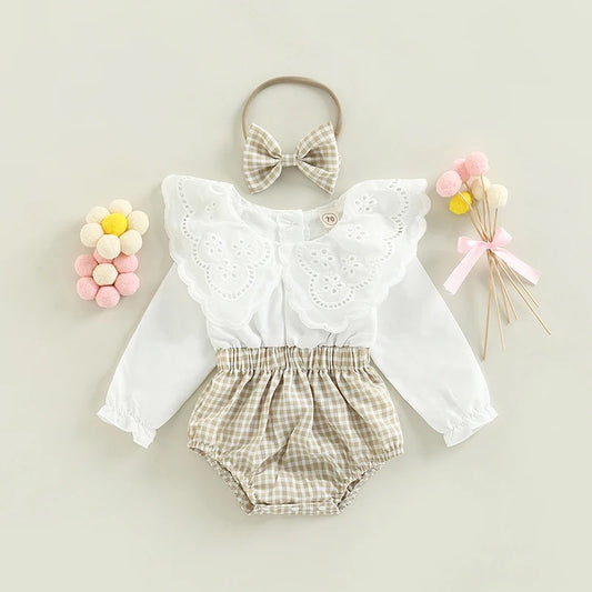 2Pcs Baby Girl Outfit, Long Sleeve Romper + Hairband Set