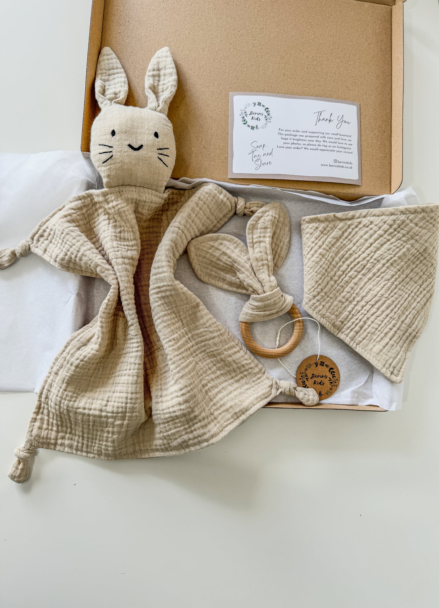 3-Pieces Set | Muslin BEIGE Bunny Comforter, Bib and Bunny Ear Teething Ring