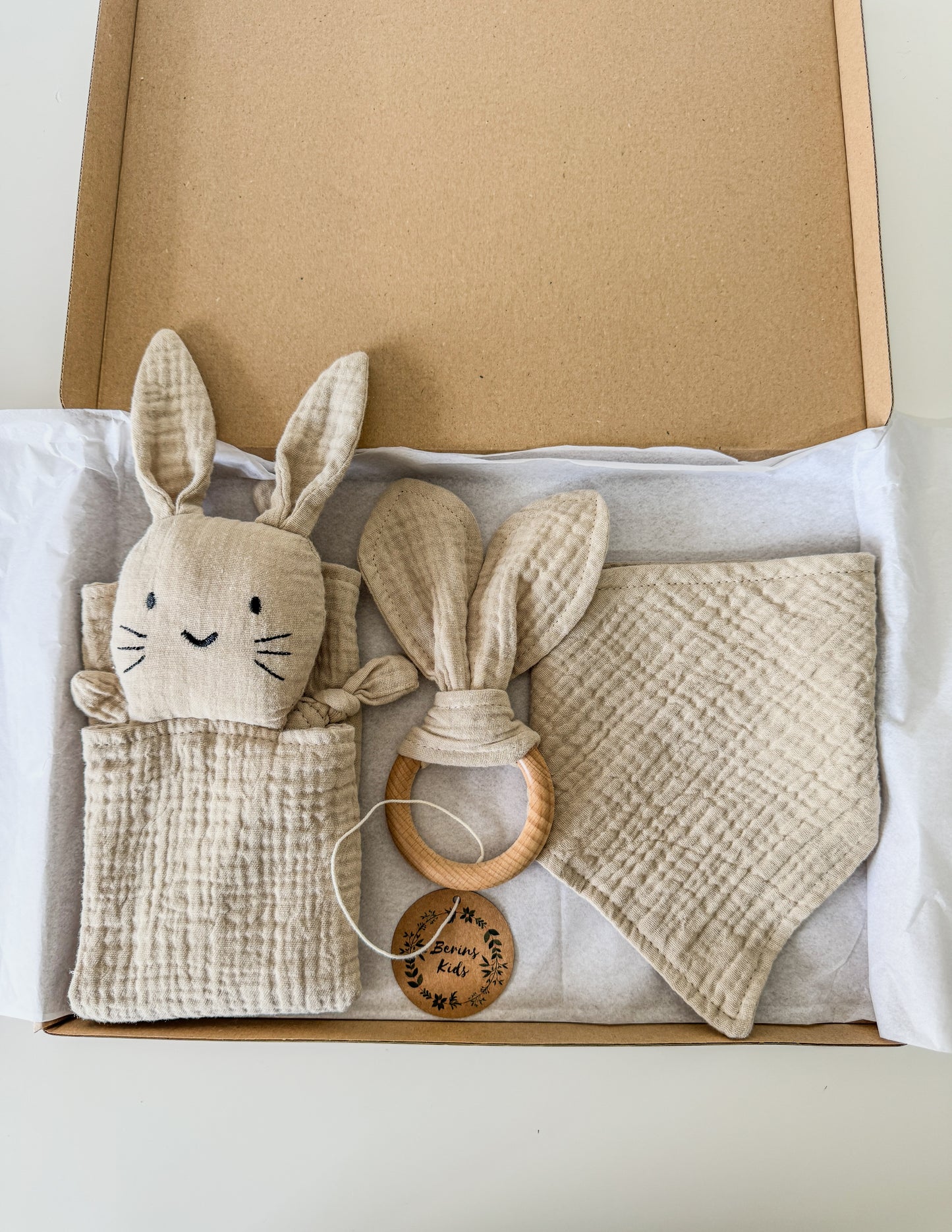 3-Pieces Set | Muslin BEIGE Bunny Comforter, Bib and Bunny Ear Teething Ring