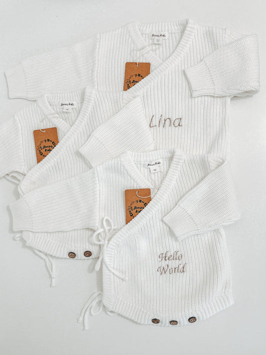 EMBROIDERED-PERSONALISED Newborn  Baby Knit Cotton Rompers | Luxury Baby Cardigan | White Soft Cotton Romper