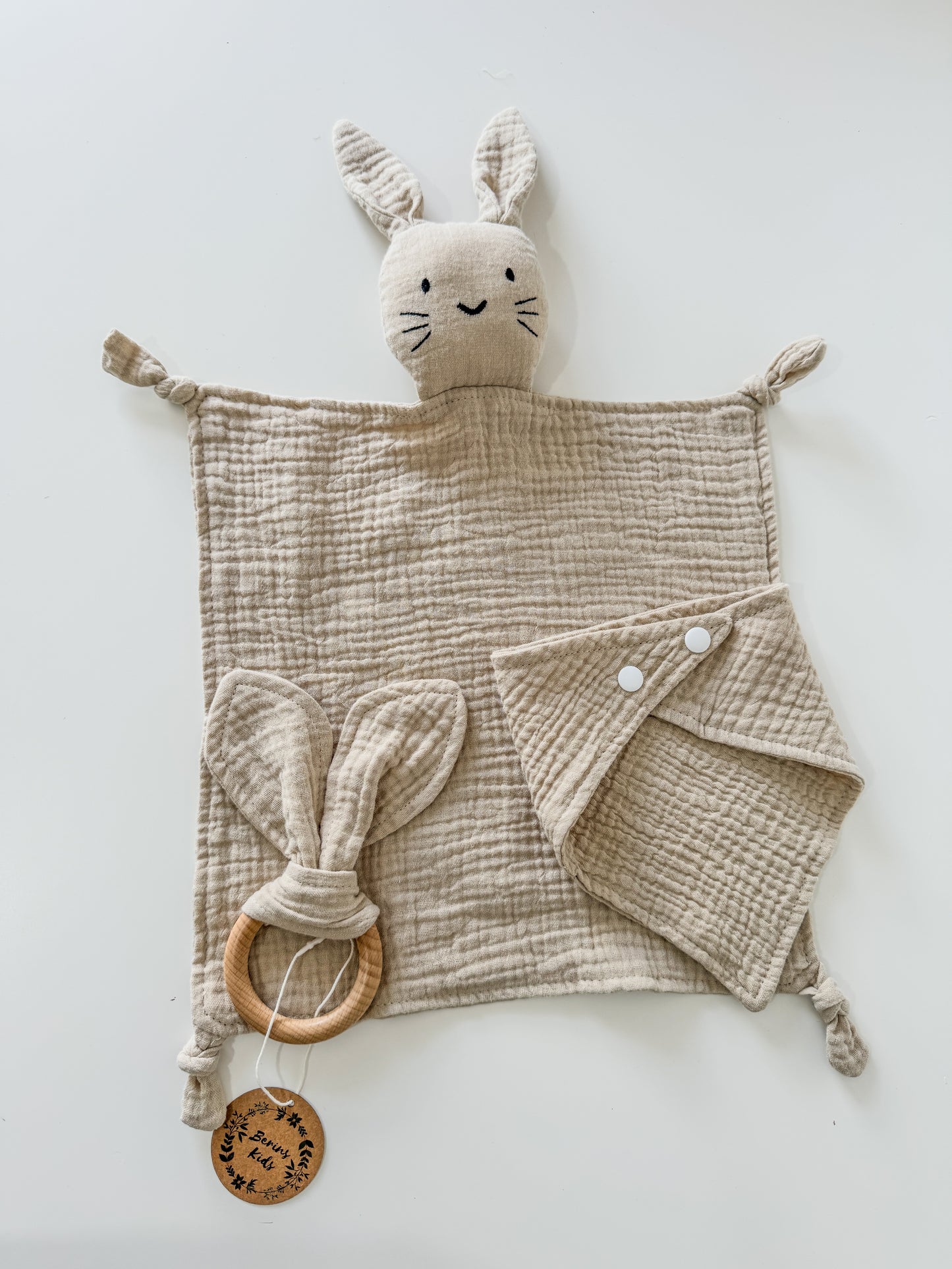 3-Pieces Set | Muslin BEIGE Bunny Comforter, Bib and Bunny Ear Teething Ring