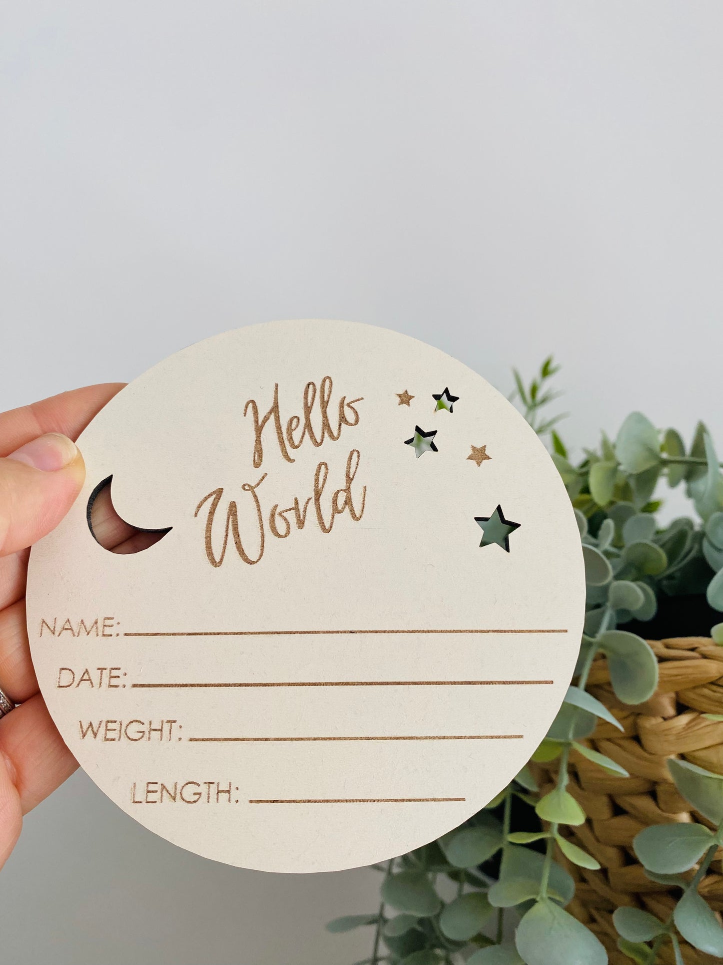 Hello World Moon/Stars Name Announcement Plaque | Hello World Wooden Baby Keepsake