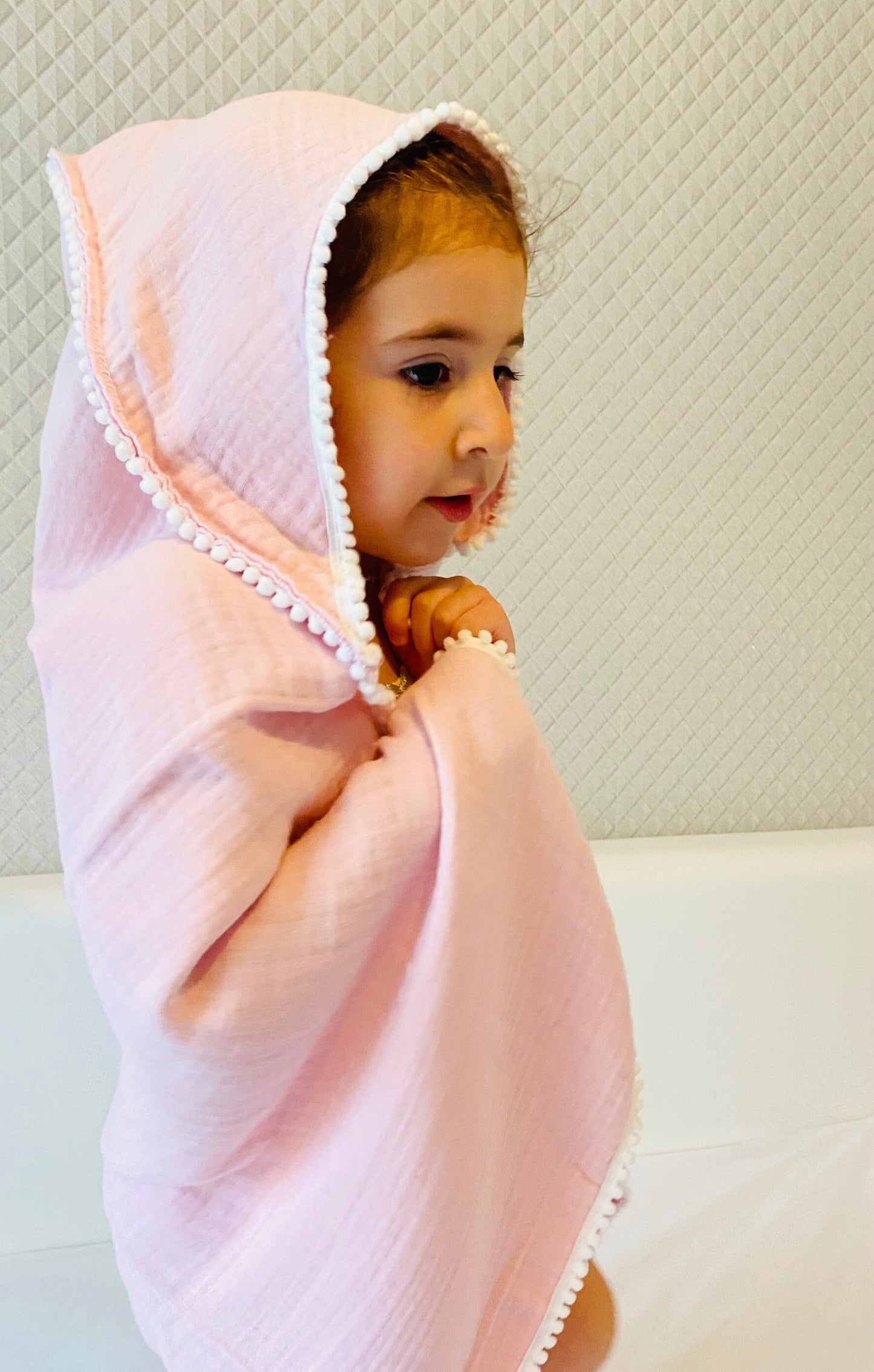 Pink Hooded Muslin Bath Towel For Baby/Kids 100% Cotton Baby Towel