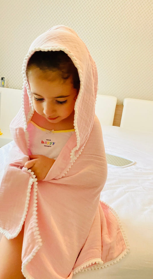 Pink Hooded Muslin Bath Towel For Baby/Kids 100% Cotton Baby Towel