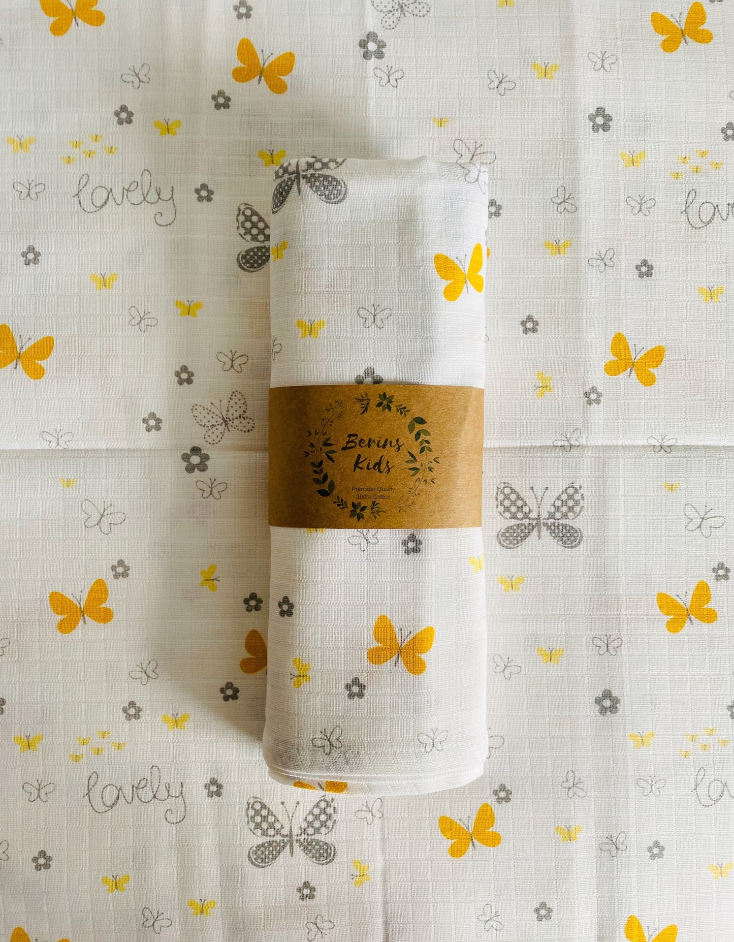 Yellow Butterfly Muslin Swaddle Blanket| Extra Large 120x120cm Receiving Blankets 100% Cotton