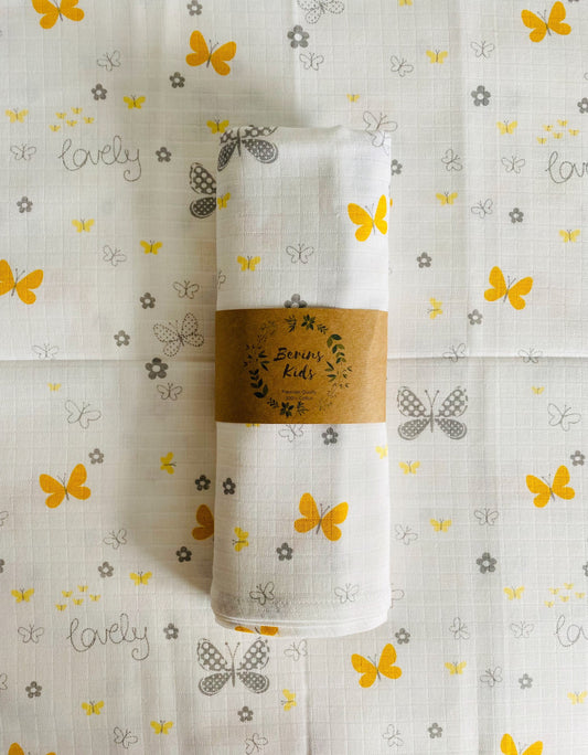 Yellow Butterfly Muslin Swaddle Blanket| Extra Large 120x120cm Receiving Blankets 100% Cotton