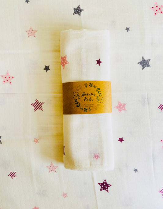 Pink Stars Baby Muslin Swaddle Blanket| Extra Large 120x120cm Receiving Blanket 100% Cotton