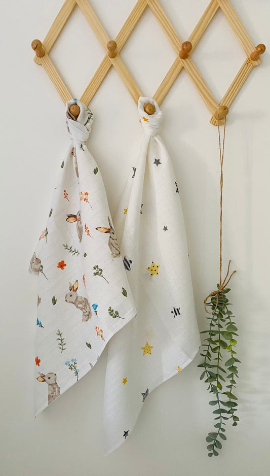 Bunny-Yellow Stars Set of 2 Baby Muslin Square (60x60cm)| Soft 100% Cotton Burping Cloths