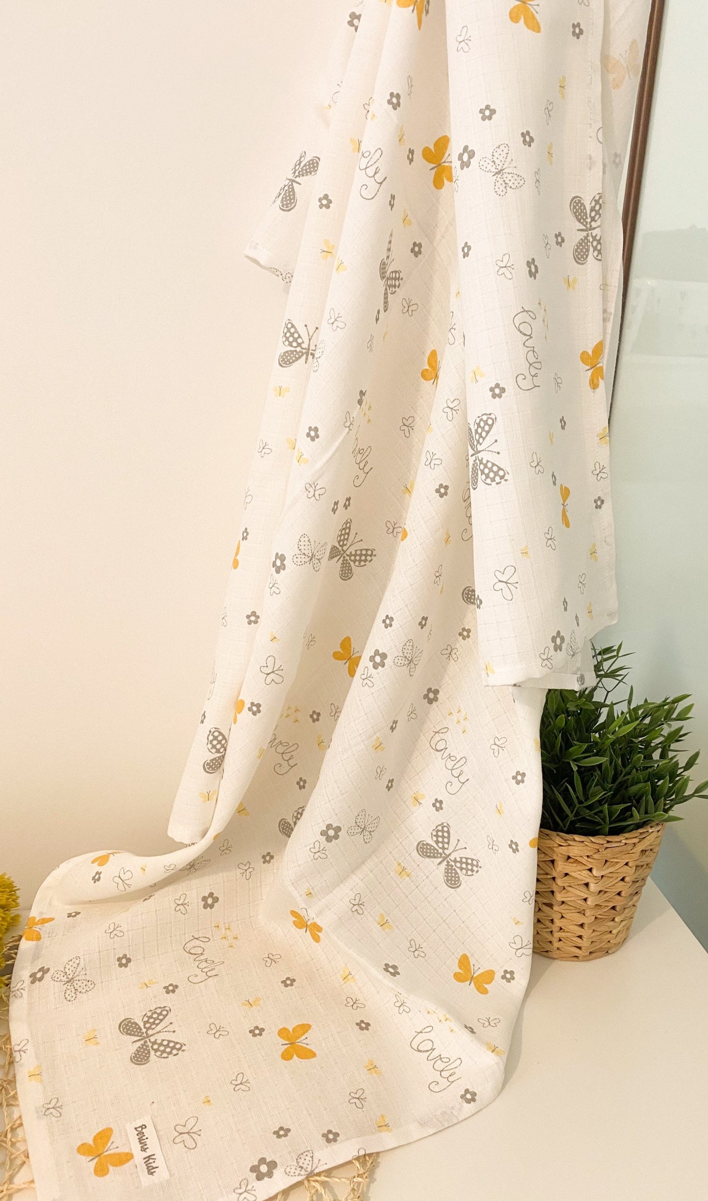 Yellow Butterfly Muslin Swaddle Blanket| Extra Large 120x120cm Receiving Blankets 100% Cotton