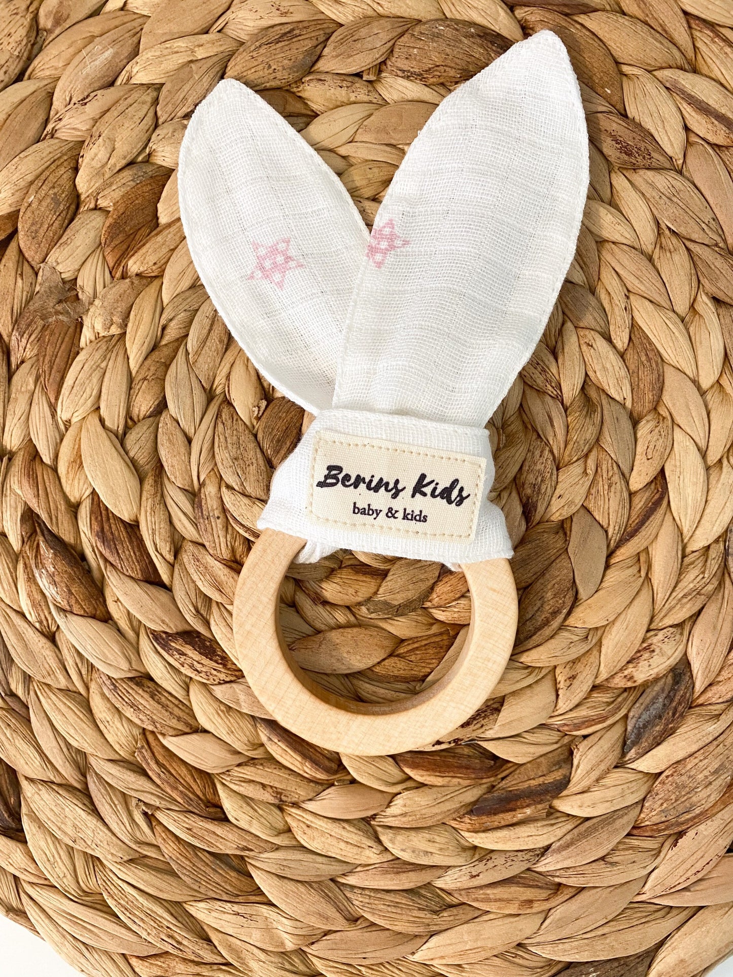 Bunny Ear Muslin Beechwood Teething Ring