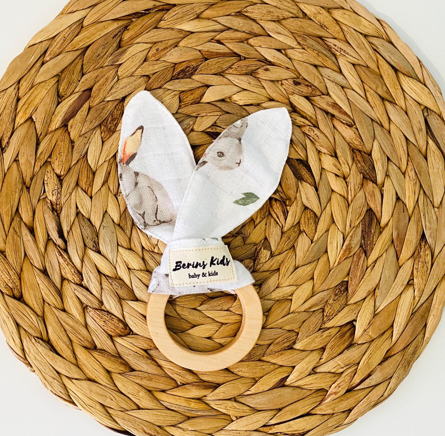 Bunny Ear Muslin Beechwood Teething Ring