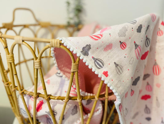 Large Double Sided 100% Cotton Pink Waffle and Pink Balloon Muslin Blanket with Pom Pom Trims 120x100cm
