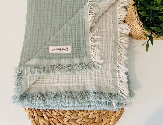 Sage-Ecru Large Double Sided Soft Gauze Blanket for Baby/Kids
